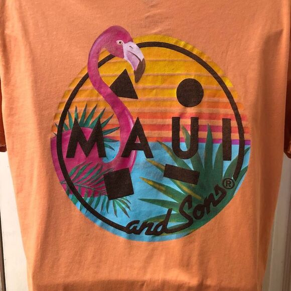 Maui and Sons Men's Unisex Orange Graphic T-shirt Medium Tropical Hawaiian - Picture 5 of 8